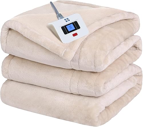 Sealy Manta eléctrica tamaño matrimonial, manta térmica de franela con 10 niveles de calefacción y apagado automático, lavable a máquina, beige, 80