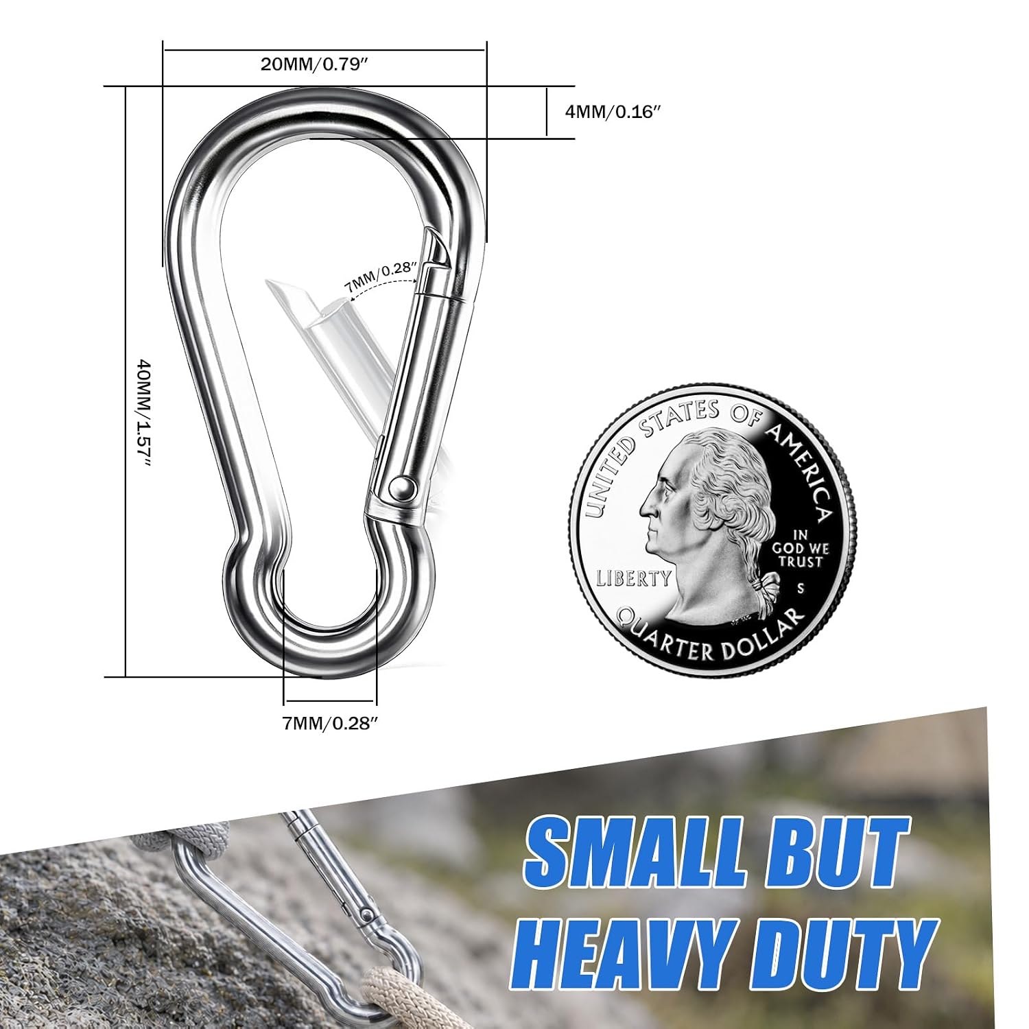 Small Carabiner Clip, 50PCS 1.57 inch 304 Stainless Steel Heavy Duty Carabiners, Metal Spring Snap Hook Clips for Outdoor Travel Camping Fishing Hanging Key Chain image 2