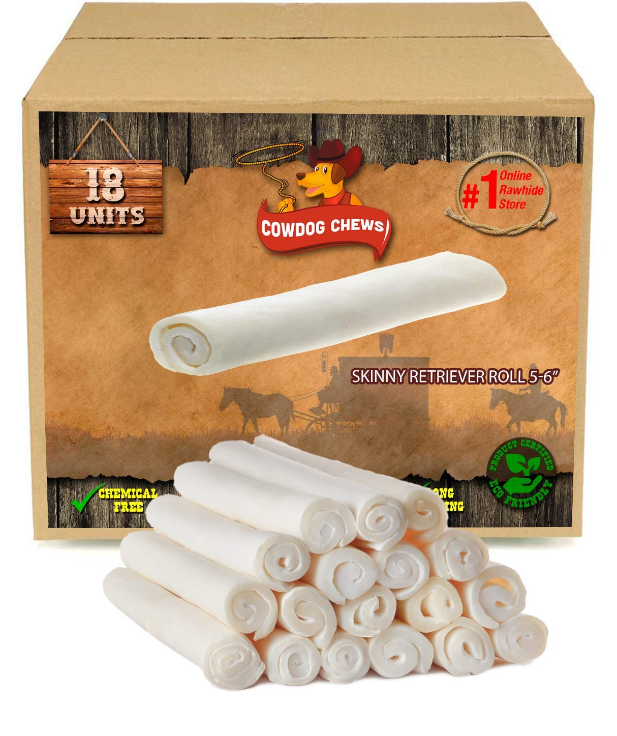 Cowdog Chews 5-6 Inches Rawhide Retriever Roll - Chewing Dog Treat, 100% Natural - Natural Grass Fed Livestock Sourced (18 Pack)