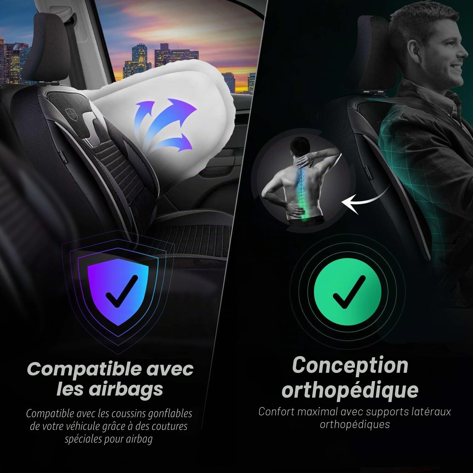 Housses de siège de voiture universelles pour voiture et SUV – Housses de siège avant premium de qualité supérieure en velours, noir/gris, compatibles avec airbag, protection de siège