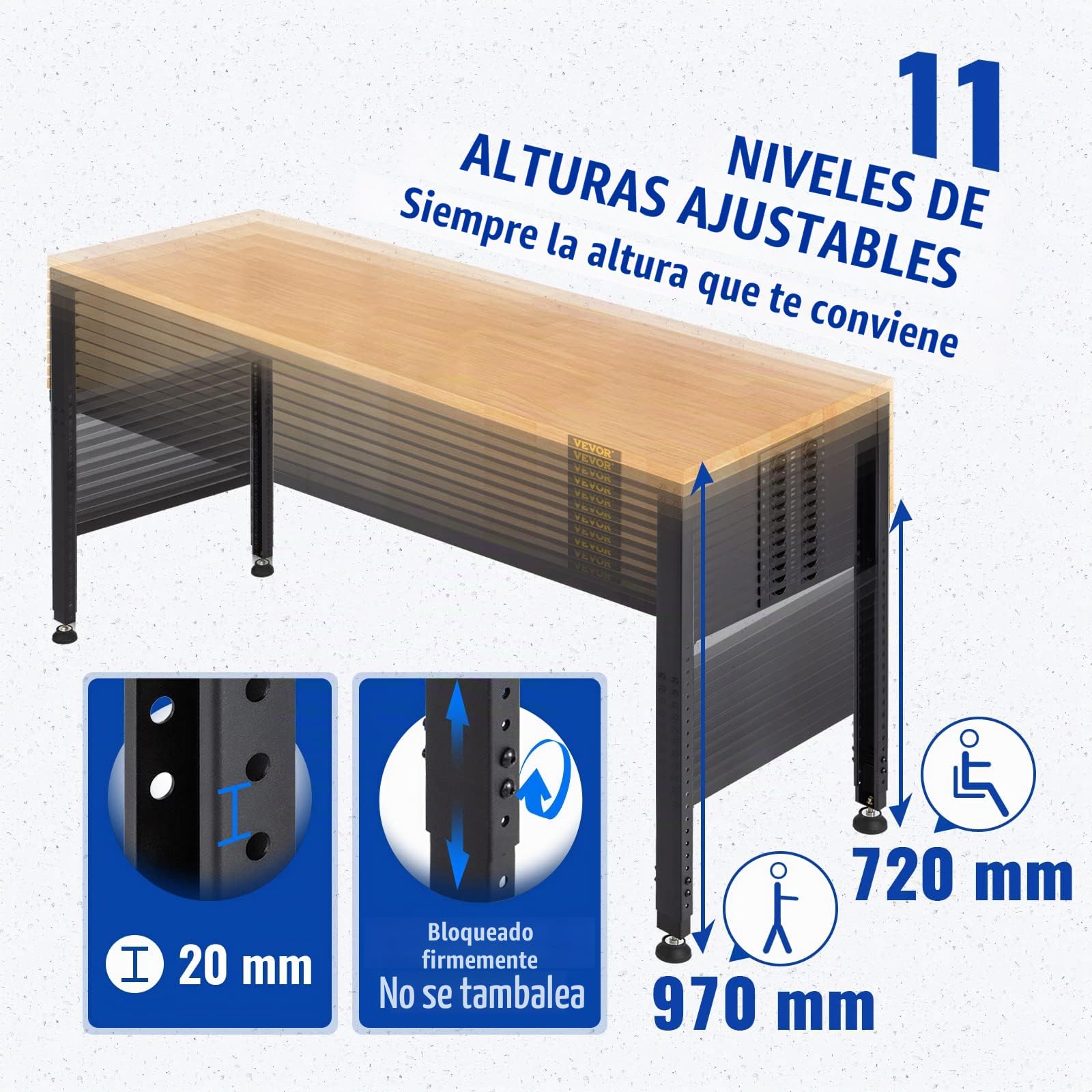 VEVOR Banco de Trabajo de Altura Ajustable, 135 cm de Ancho x 46 cm de Profundidad x 97 cm de Alto, Mesa de Garaje con 72-97 cm de Altura y Capacidad de Carga de 900 kg, con Tomas de Corriente, Parte