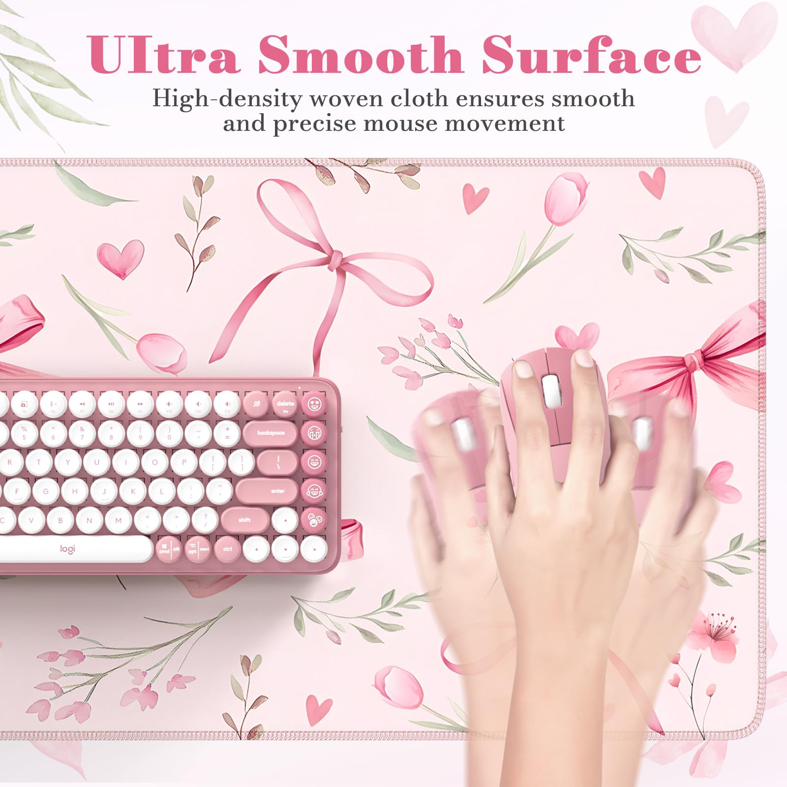 HAOCOO Cute Floral Desk Mat, Large Waterproof Mouse Pad, Girly Desk Matt for Desktop, 35.4" x 15.7" Non-Slip Keyboard Pad, Computer Mat with Stitched Edge, Office Decor Home Desk Accessories (): Pink Bow