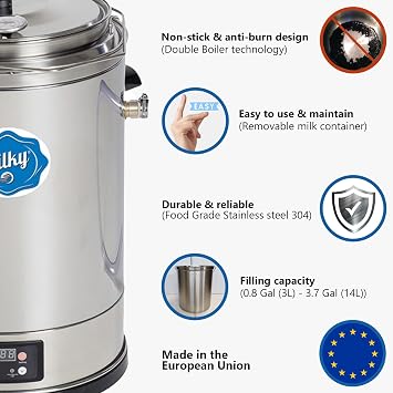 Milk Pasteurizer Milky FJ 15 (115V) | For Milk, Cheese, Yogurt and Juice | 3.7 Gal | Made of Stainless Steel | Removable Container | Time and Temperature Control | Made in the EU |