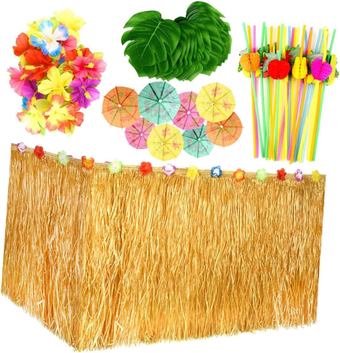 1Set Hawaiian Party Table Skirt Set with Monstera Leaves Hibiscus Flowers Skirt Assorted Umbrella Toppers Fruit Straws for Luau Decoration
