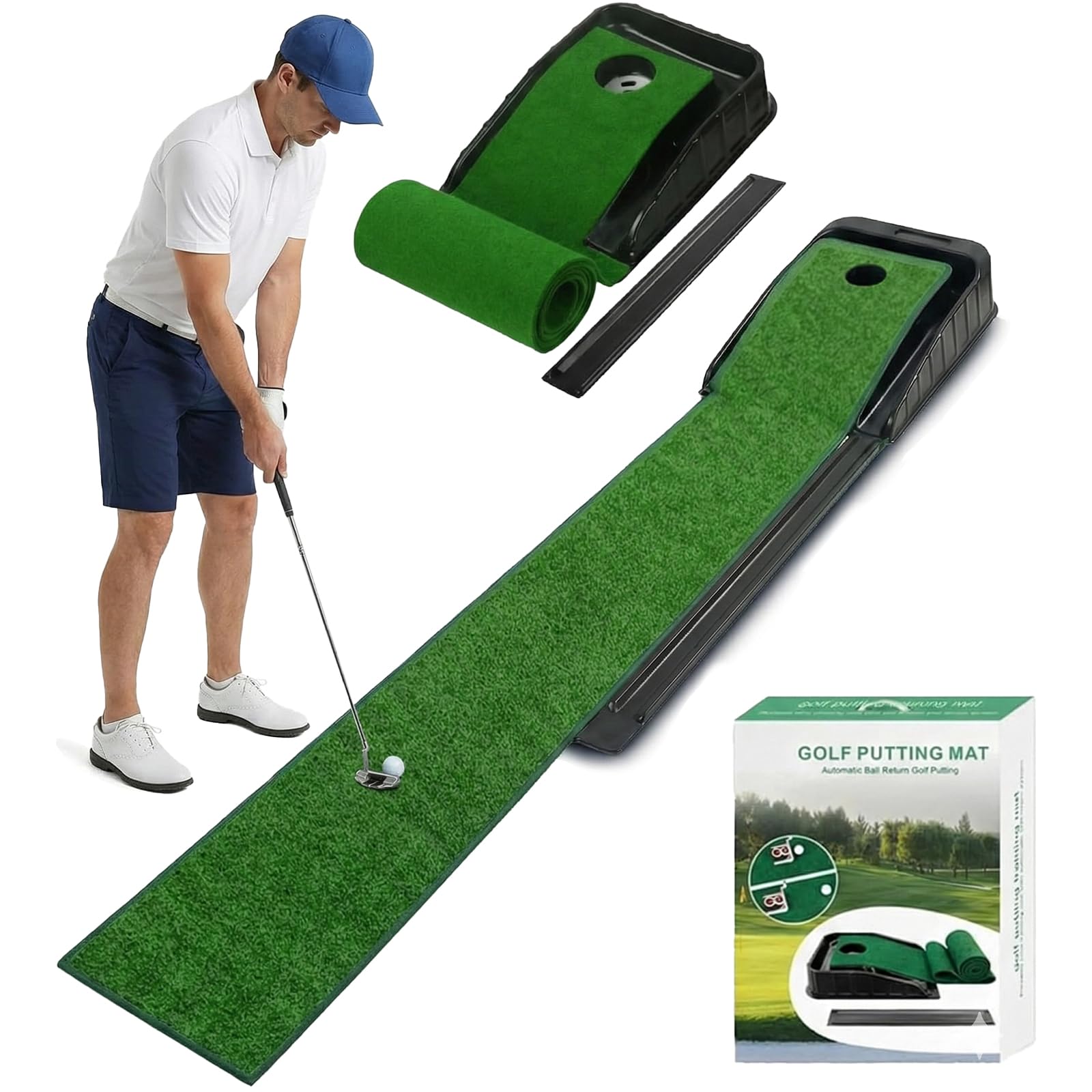 Tapis de golf vert d'intérieur avec retour automatique de balle et 3 trous, entraînement à domicile et aide à la pratique pour homme, tapis de golf adapté pour bureau, salle de loisirs, terrasse