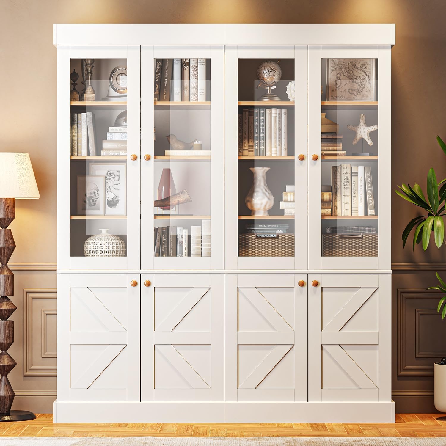 71" Tall Farmhouse Kitchen Pantry, Rustic Large Storage Cabinet with Glass Doors, Adjustable Shelves, Wood Versatile Hutch Cabinet for Dining Room, Living Room, White 2 Pcs