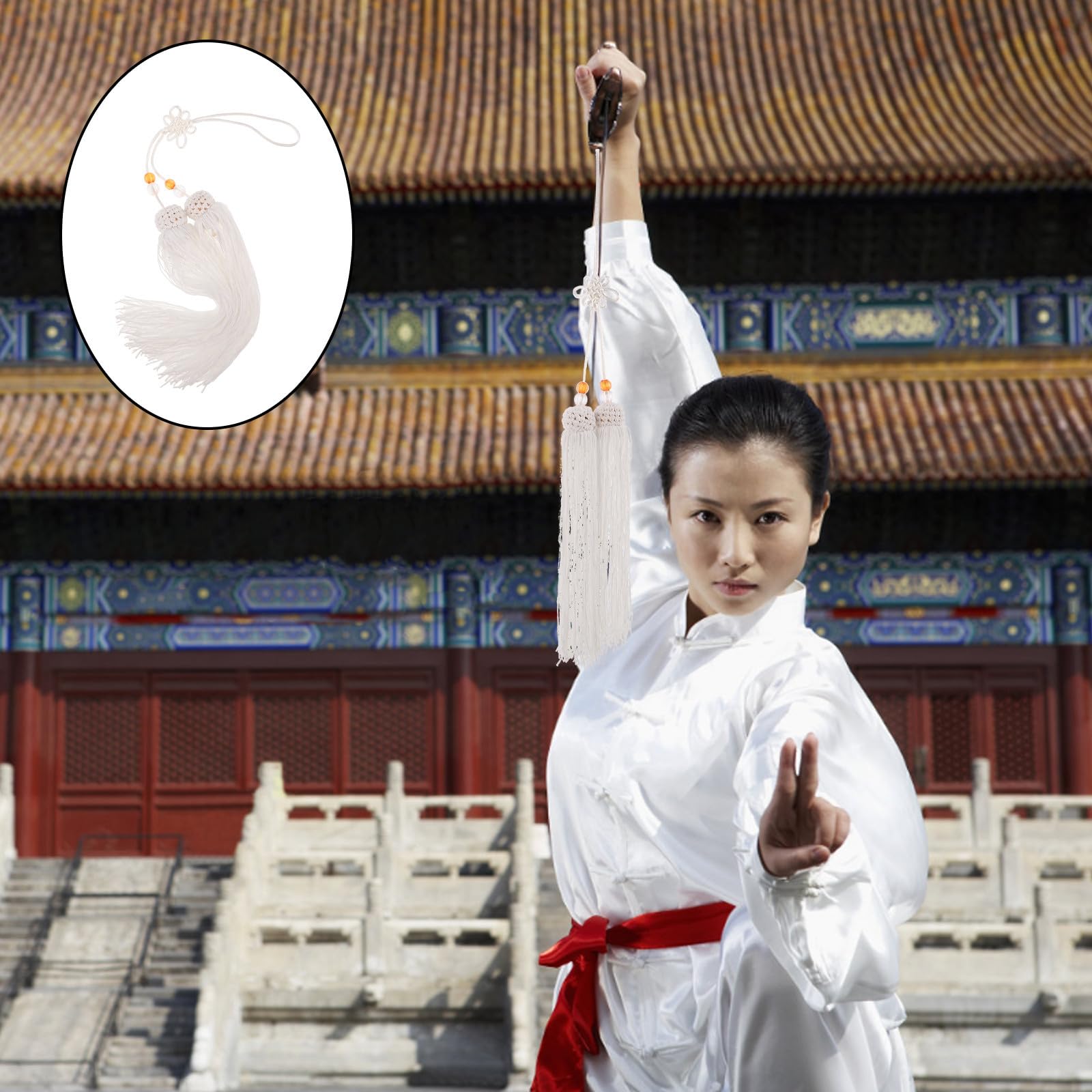 FUOYLOO Borla de Espada Nudo Chino en Seda Hielo White, Accesorio para Entrenamiento y Exhibición en Artes Marciales, Compatible Abanicos y Equipo de Esgrima