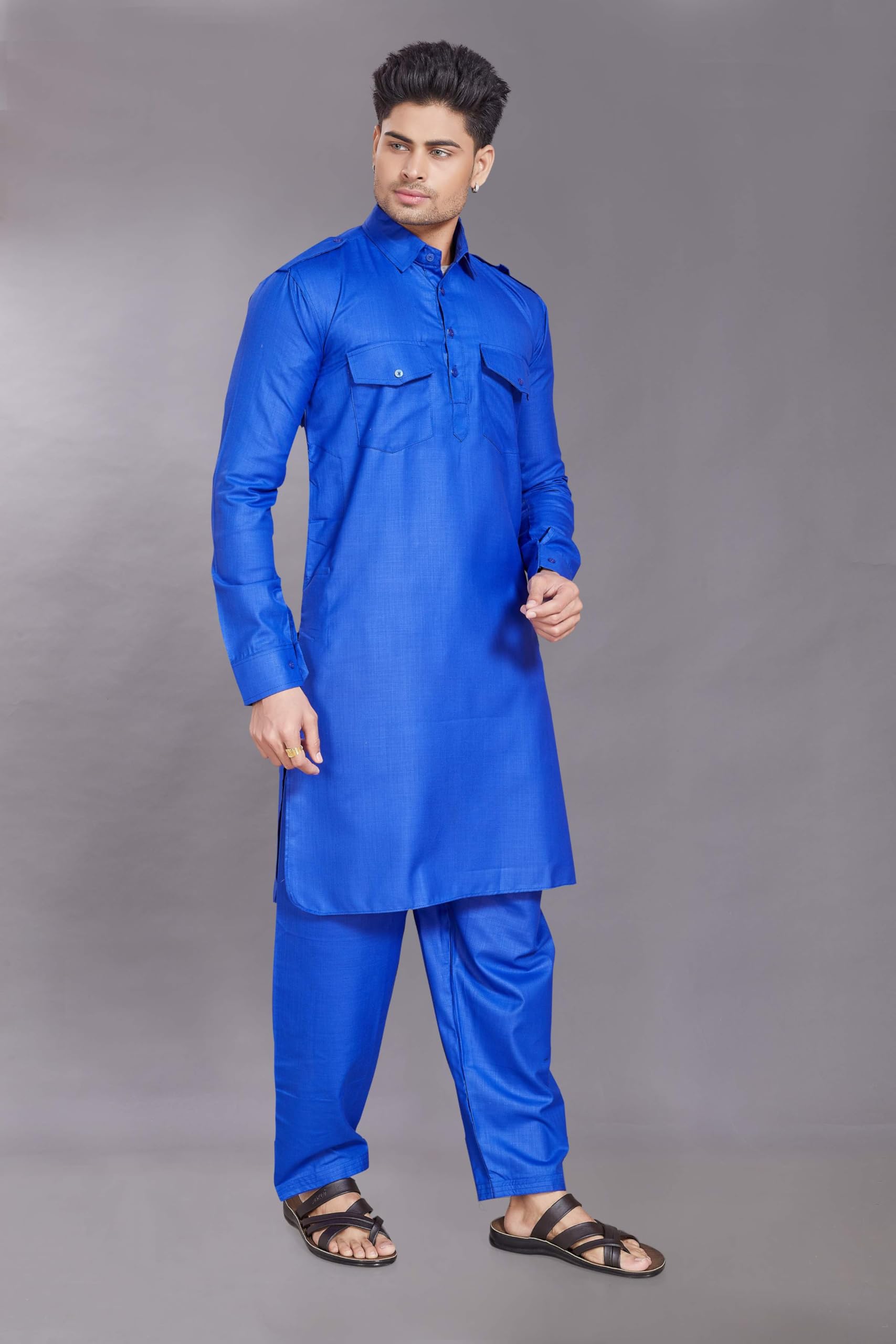 Divisive Men's Cotton Blend Pathani Kurta Pyjama Set (Dkrt459_M_R Blue)