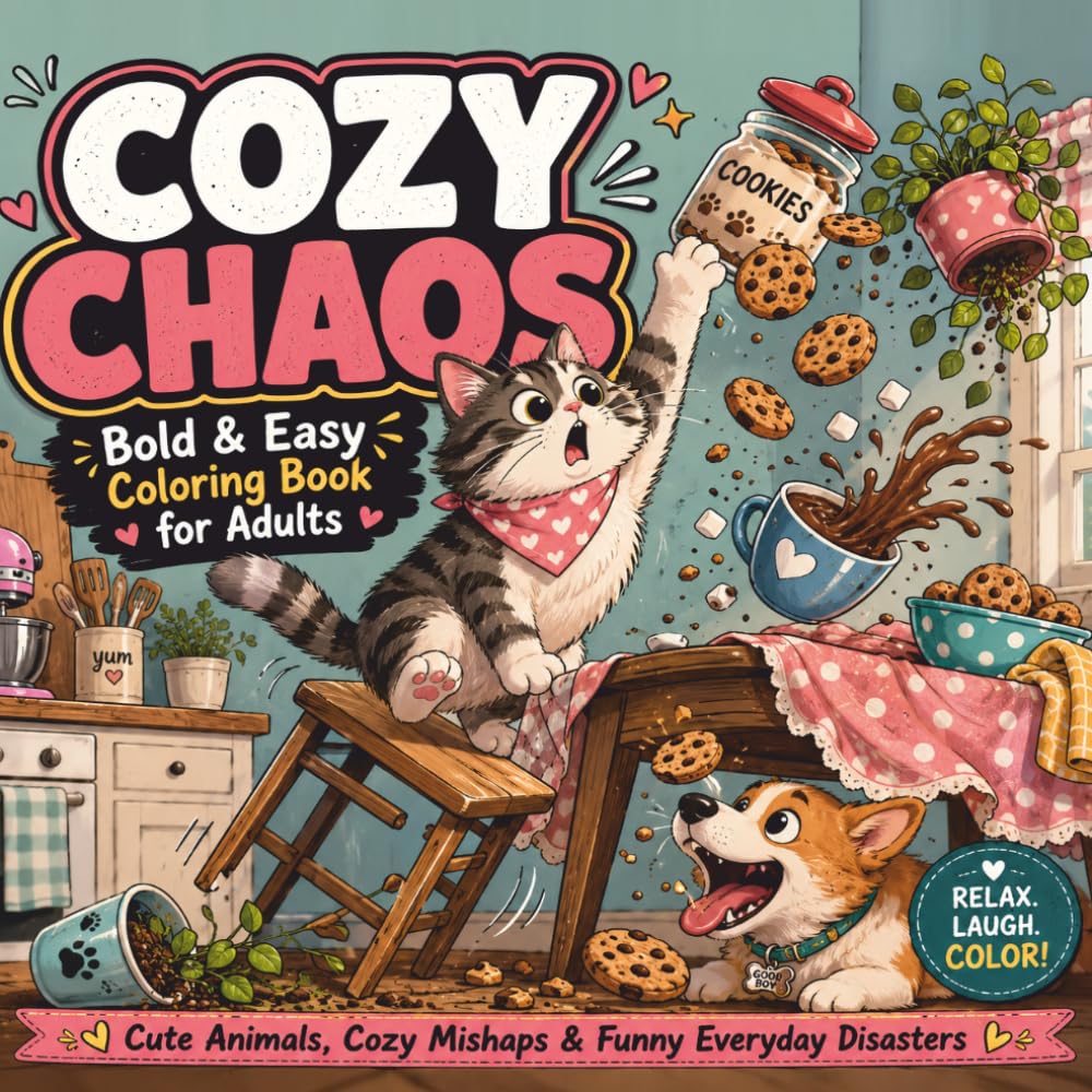COZY CHAOS Bold & Easy Coloring Book for Adults: Cute Animals, Cozy Mishaps & Funny Everyday Disasters