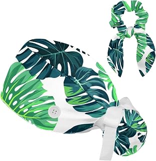 FVQL 2 Pieces Surgical Cap for Long Hair Scrub Cap with Hairband Nurse Cap, Tropical Leaf Monstera