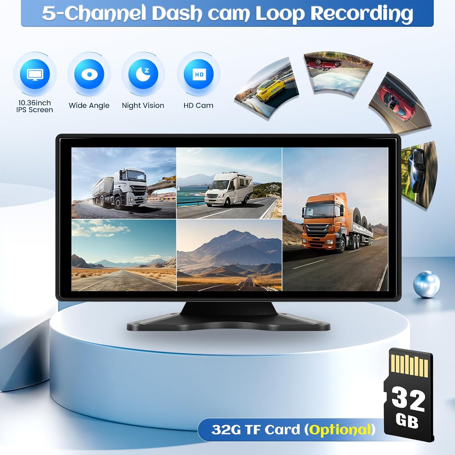 5 Channels RV Backup Camera System,10.36" IPS Quad Split Touch Screen Monitor Rear Side View 5 AHD Camera,Vehicle DVR Recording 1080P Backup Camera Dash Cam for Truck Bus RV Trailer Semi Box