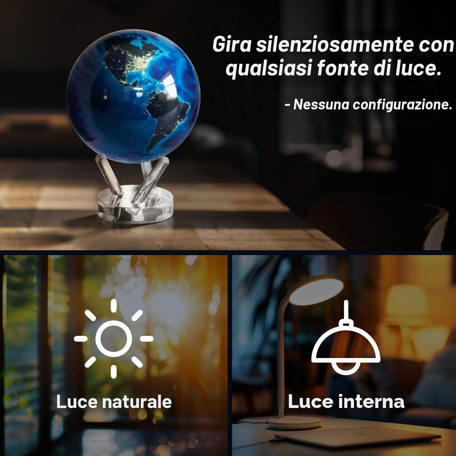 MOVA Globo Autorotante, Terra di Notte Classico (4.5") | globo rotante solare, senza batterie o cavi, regalo per amanti della geografia, display cinetico premium, arredo da ufficio