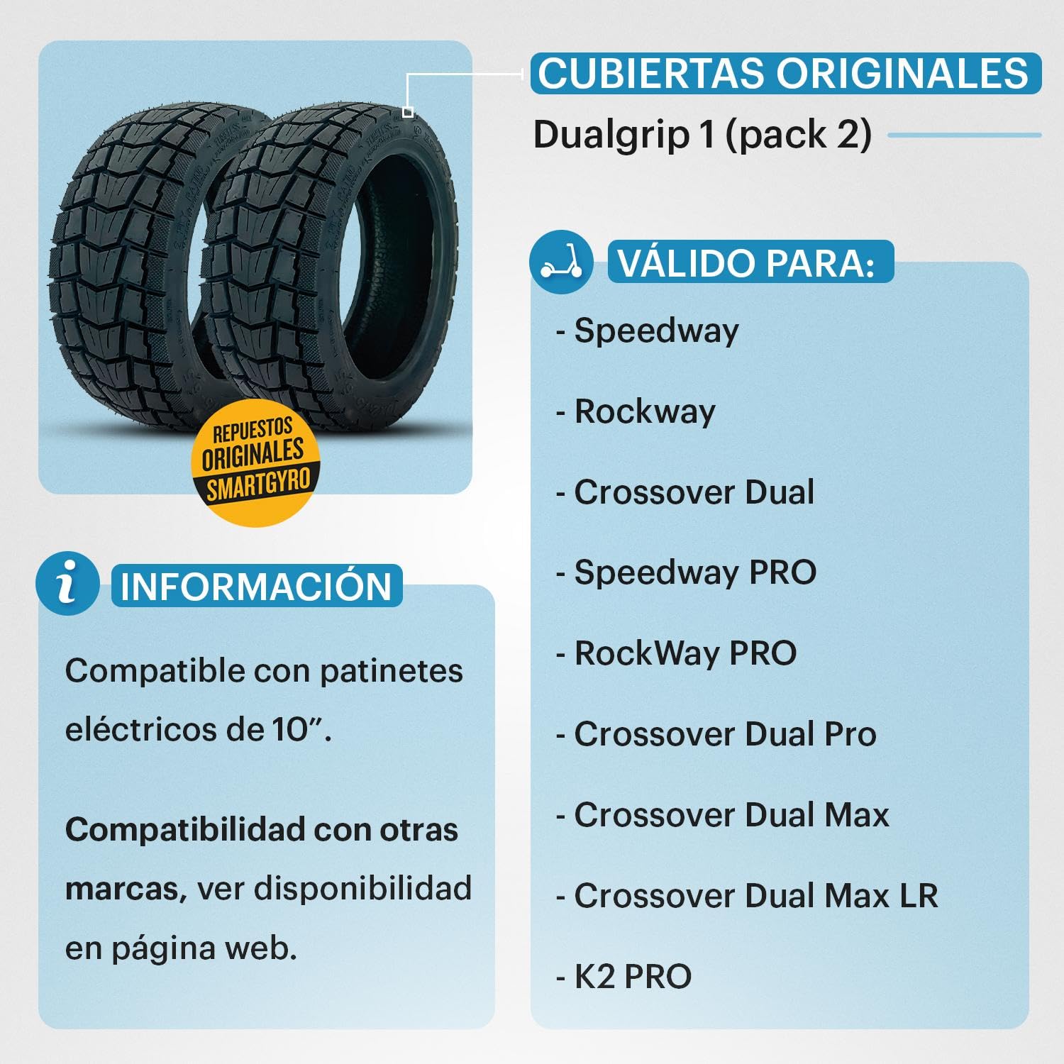 Neumáticos cubiertas ruedas patinetes DUALGRIP 1 (SpeedWay/RockWay/CrossOver, Mixtas). Pack 2 unidades