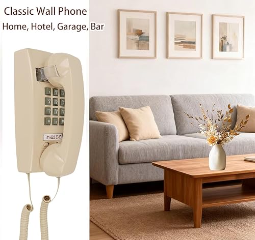 Miniatura 7 de Teléfono de pared clásico retro, teléfono fijo con cable vintage, plástico beige, timbre mecánico, línea eléctrica, operación de una sola línea