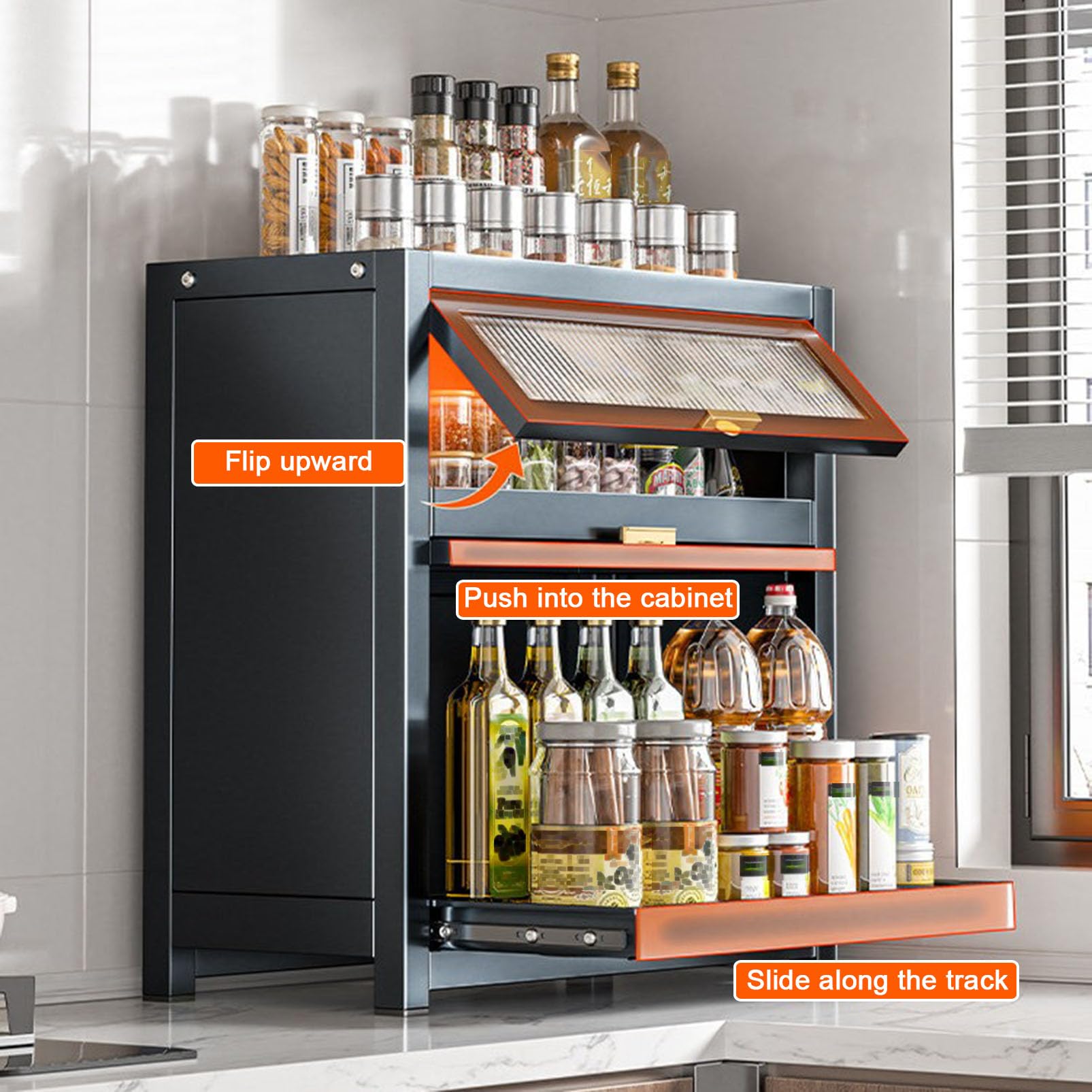 Armoire de Garde-Manger de Cuisine autoportante avec tiroirs coulissants et Porte Rabattable, Organisateur de comptoir pour Bouteilles/Plats/Tasses à épices