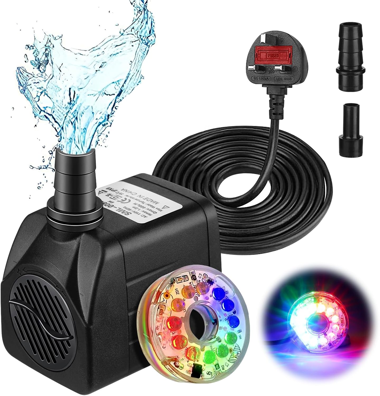 Small Water Pump Water Feature Pump (600L/H 8W) 12 LED Lights, Silent