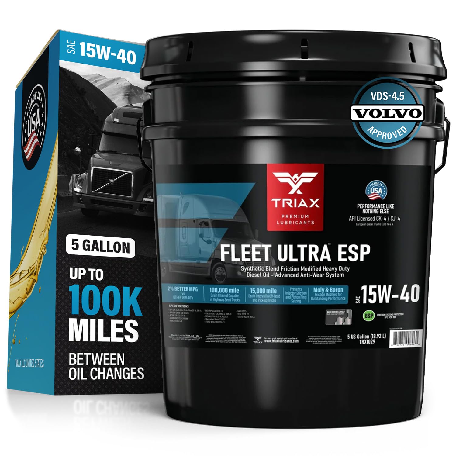 TRIAX Fleet Ultra 15W-40 CK-4 API Licensed Synthetic Blend, Moly and Boron Performance Boosted, Heavy Duty Diesel Engine Oil, OEM Compatible with Volvo, Mack, Cummins, DD (5 Gallon)