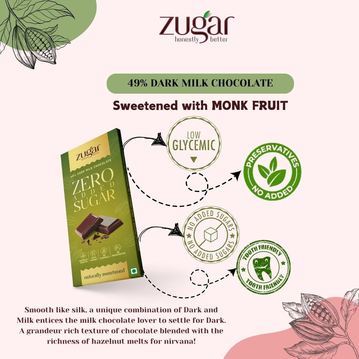 Zugar 49% Hazelnut Dark Milk Chocolate I Zero Added Sugar|Sweetened With Monk Fruit|Tooth-Friendly|No Palm Oil|Diabetic Friendly|Sugar Free 20 Gm Each (Pack Of 5) 2