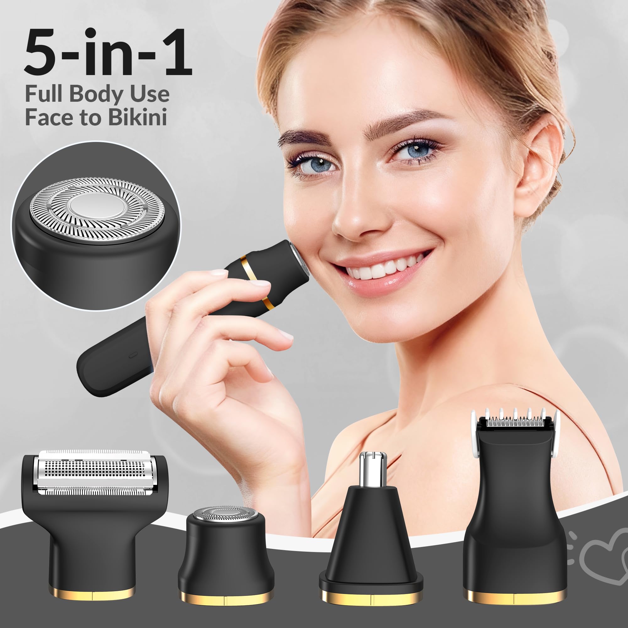 5 in 1 Rasoio elettrico per bikini da donna, impermeabile IPX7, senza fili, per corpo e viso, con lame in ceramica, kit per la depilazione indolore, Nero