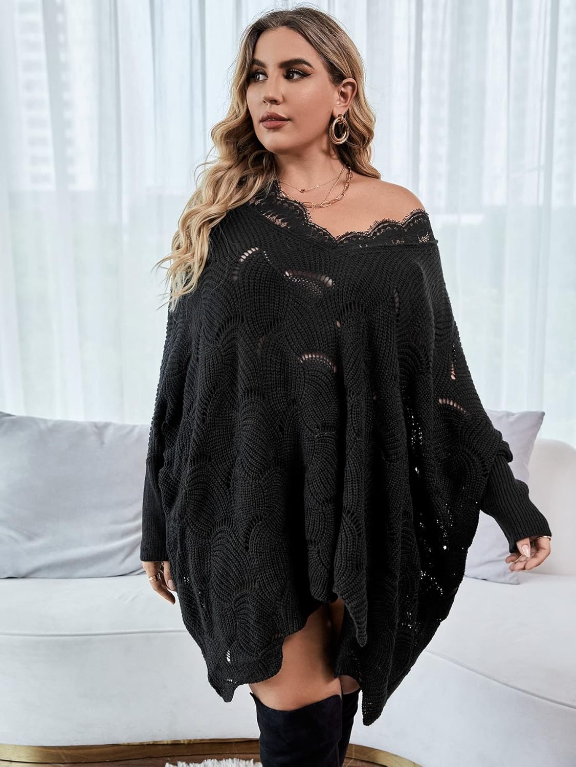 Women's Fashion Sweaters Plus Contrast Eyelash Lace Pointelle Knit Batwing Sleeve Sweater Sweaters (Size : XX-Large)