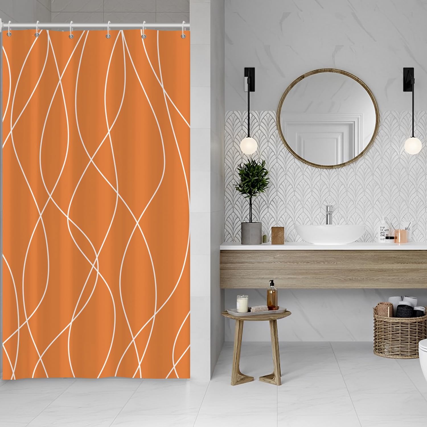 Orange Modern Abstract Stripes Shower Curtain Set with Hooks 48x72 Inches