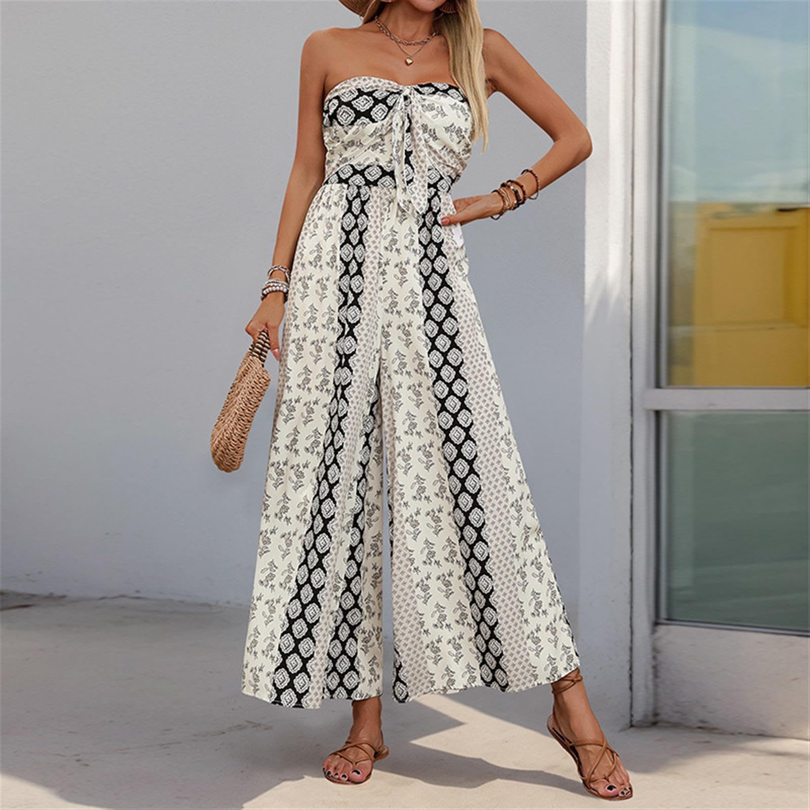 Boho monos de las mujeres - Floral sin mangas tubo mono, cintura alta pantalones largos para trajes de verano