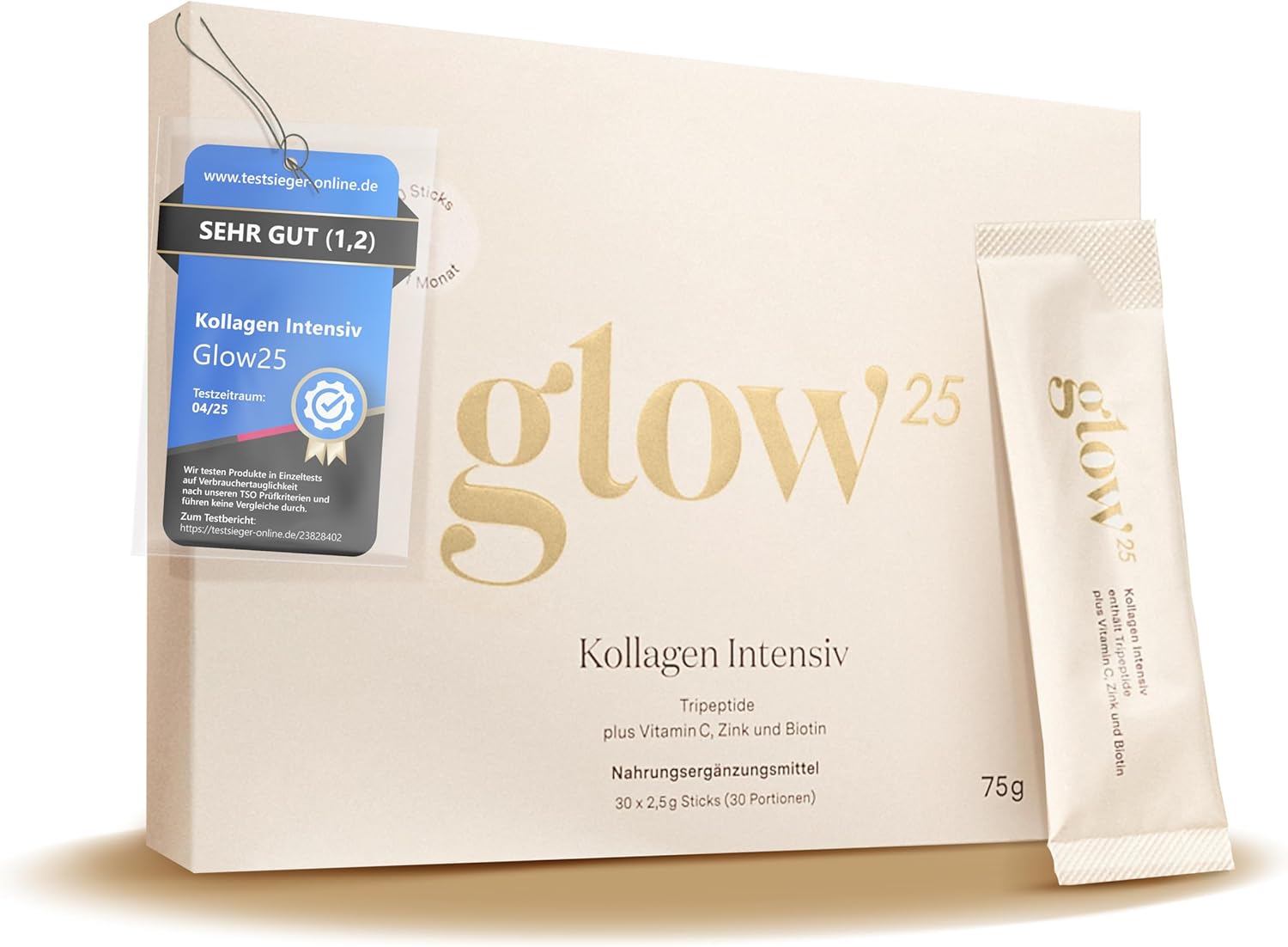 Glow25® Collagen Intensive [30 Sticks] – with Tripeptides, Vitamin C, Zinc and Biotin – Premium Marine Collagen Hydrolysate – Peptides Type 1 and 3 – Good Solubility