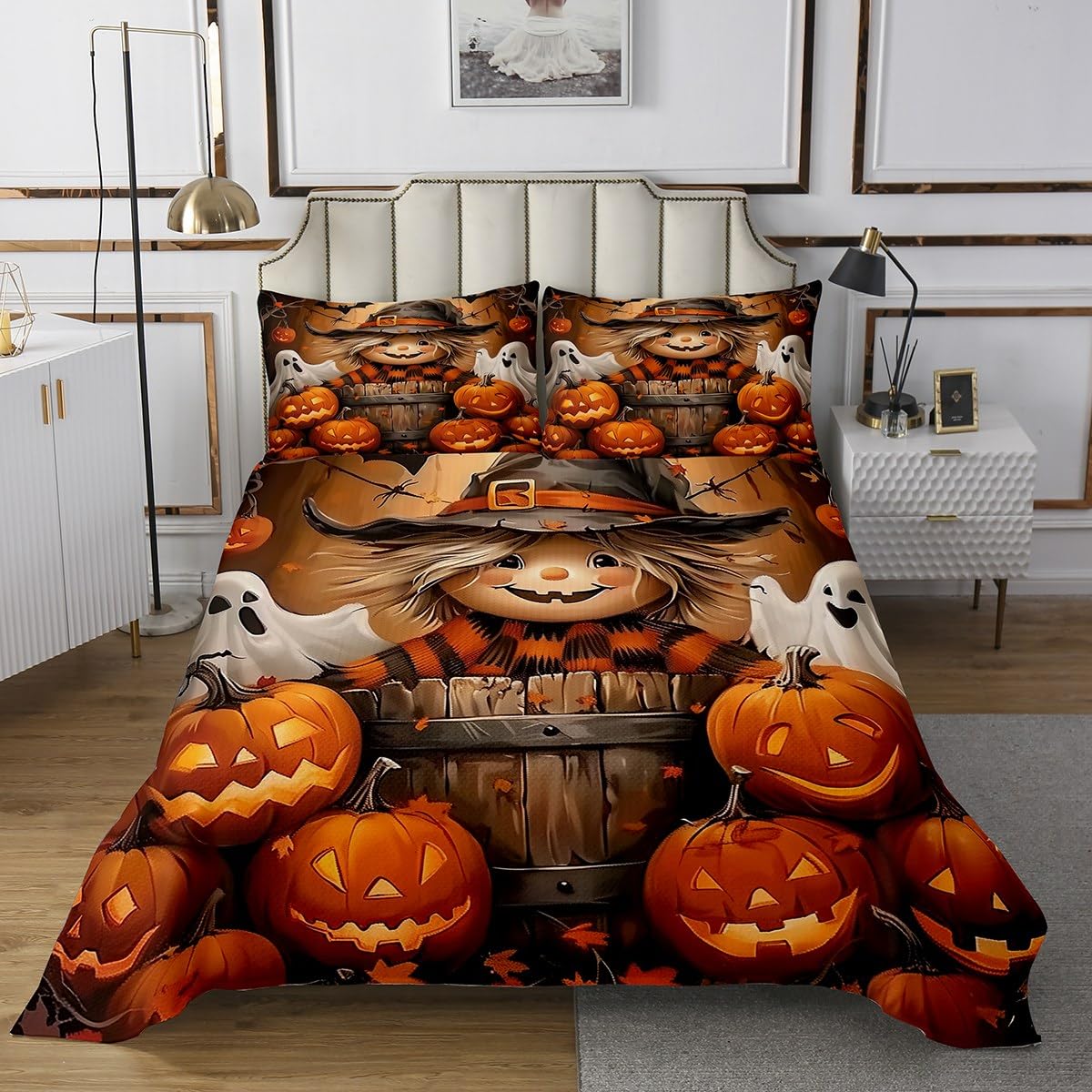 Halloween Pumpinks Quilt Bedding Set Twin,Cute Scarecrow Maple Leaves Coverlet Bedspread,Rustic Ghosts Kids Teens Lightweight Bedding Bed Cover,Bats Silhouette Bedspread Set (1 Quilt+ 1 Sham)