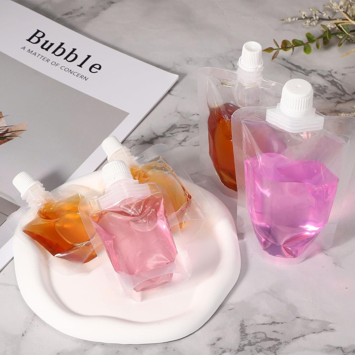 uxcell 50 Pcs Plastic Flask, 3.4oz Reusable Drink Pouches Water Drinking Flasks with Funnel Leak-Proof for Travel Outdoor Sports, Caliber 0.6 in