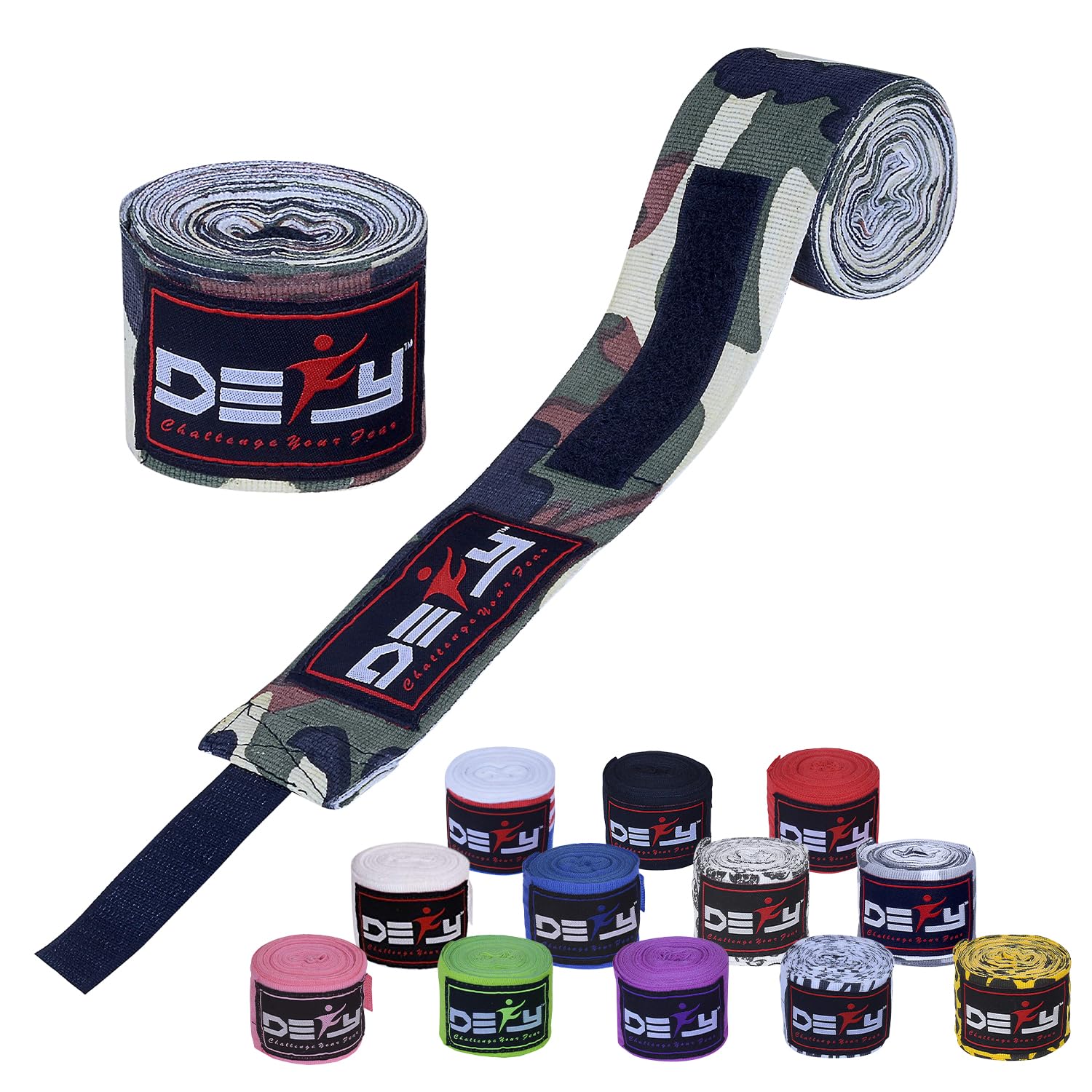 DEFY Professional 180 Inch Hand Wraps for Boxing Muay Thai MMA Elastic Bandages for Men & Women -Pair (Green Camo)