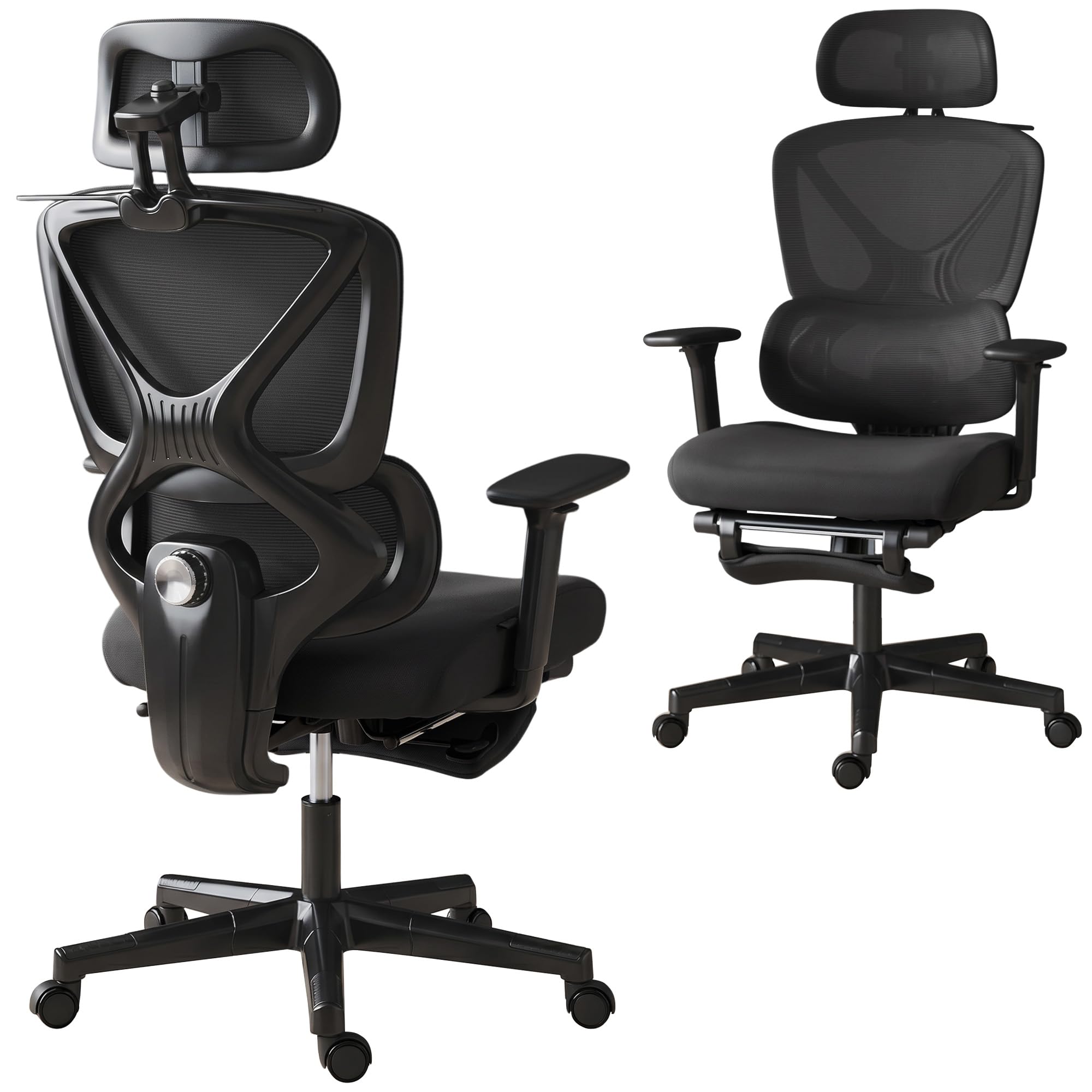 HOMCOM Ergonomic Office Chair, Mesh Desk Chair with 3D Armrests, Rotatable Headrest, Adjustable Lumbar Support, Coat Hanger, Recliner Computer Swivel Chair with Footrest for Home Office, Black