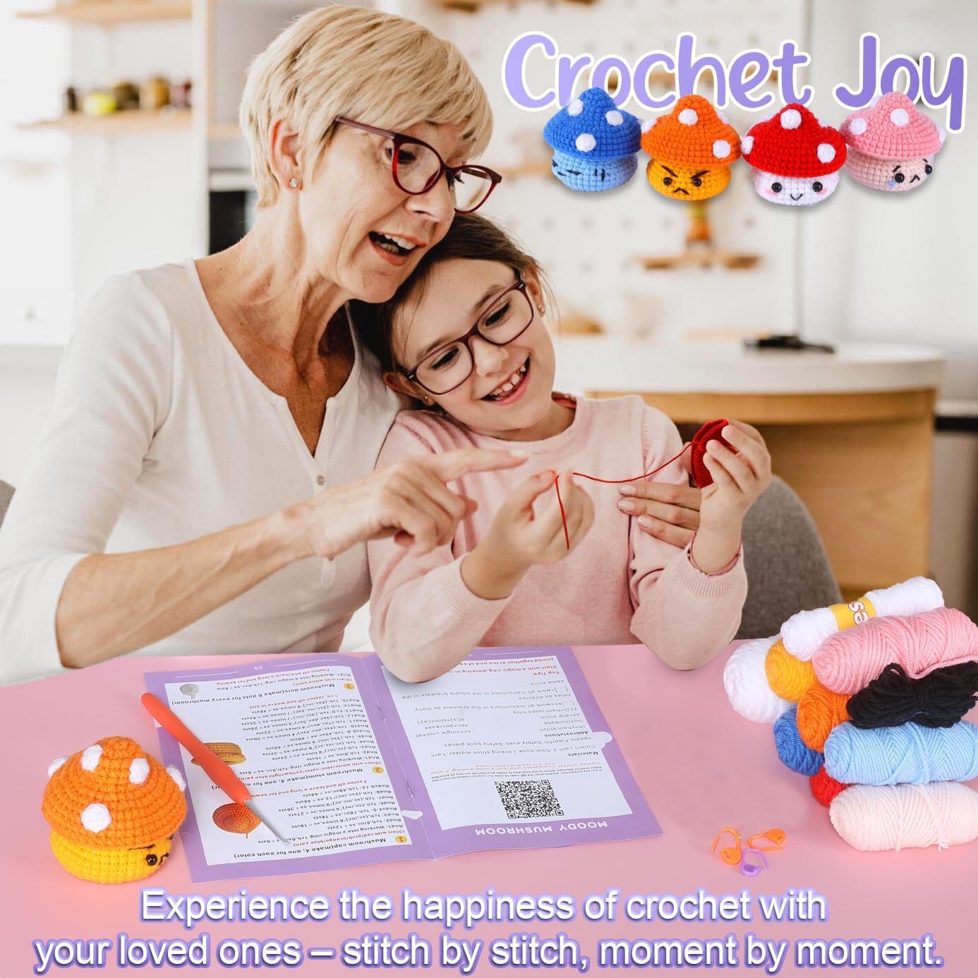 Atofoi Crochet Kit for Beginners Adults Kids - Amigurumi Crochet Kit for Beginners with Step-by-Step Video Tutorials - Beginner-Friendly Yarn - Easy Learn to DIY Knitting Supplies - 4 Pack Mushroom