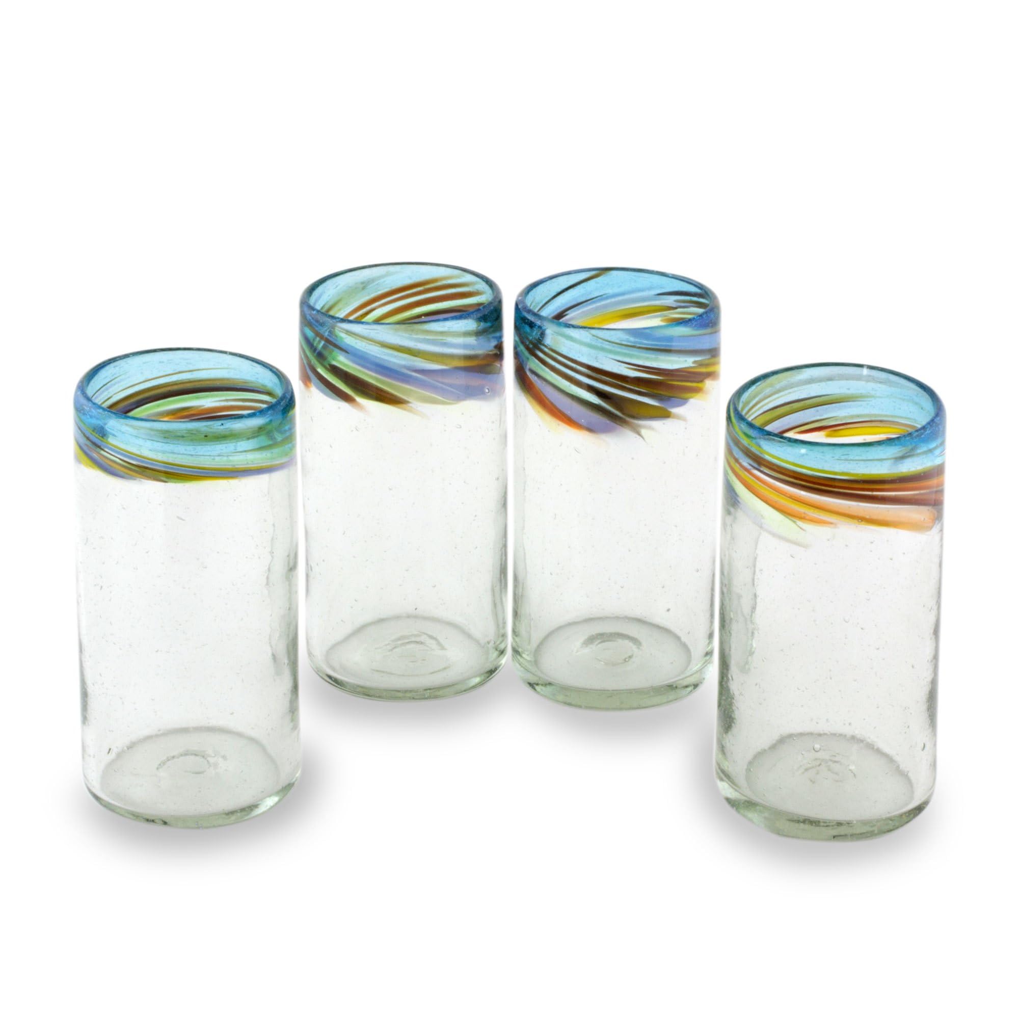 NOVICA Artisan Handblown Recycled Ecofriendly Ref Glass Drinkware 12 Oz Set 4 Clear Blue Guatemala Tableware Tumbler Glasses