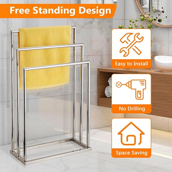 Free Standing Towel Racks for Bathroom, 3 Tier Stainless Steel Bathroom Towel Rack, Towel Drying Rack Stand for Outdoor Poolside, Blanket Holder, Chrome, DECLUTTR
