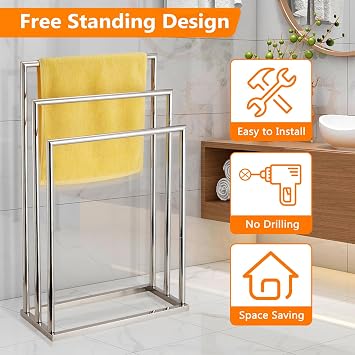 Free Standing Towel Racks for Bathroom, 3 Tier Stainless Steel Bathroom Towel Rack, Towel Drying Rack Stand for Outdoor Poolside, Blanket Holder, Chrome, DECLUTTR