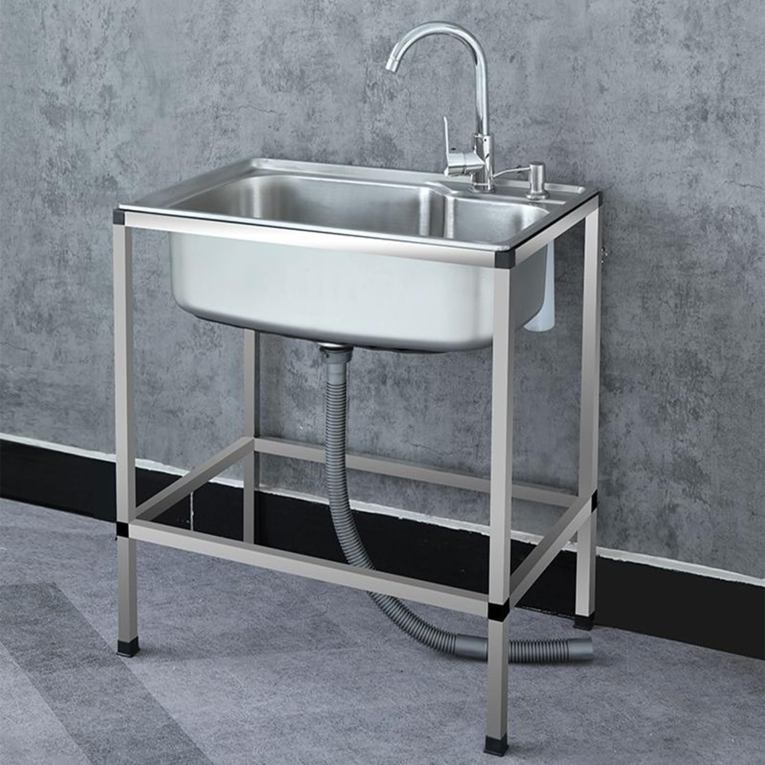 LMYSXAOZ Freestanding Stainless Steel Utility Sink with Hot & Cold Faucet1 Compartment Kitchen for Outdoor Garage Laundry Garden 50x37x75cm