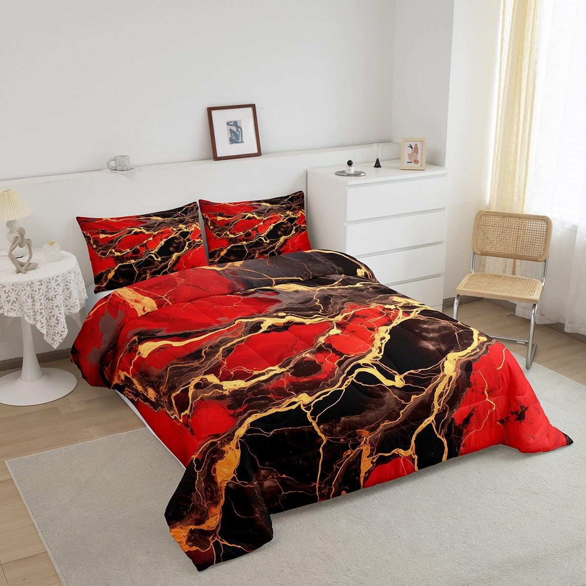 Manfei Marble Print Comforter Set Queen Size,Gold Marbling Geometric Stripes Bedding Set,Boys Girls Adults Room Decor,Artwork Abstract Stone Down Comforter,Red Black Bright Duvet Insert,2 Pillowcases