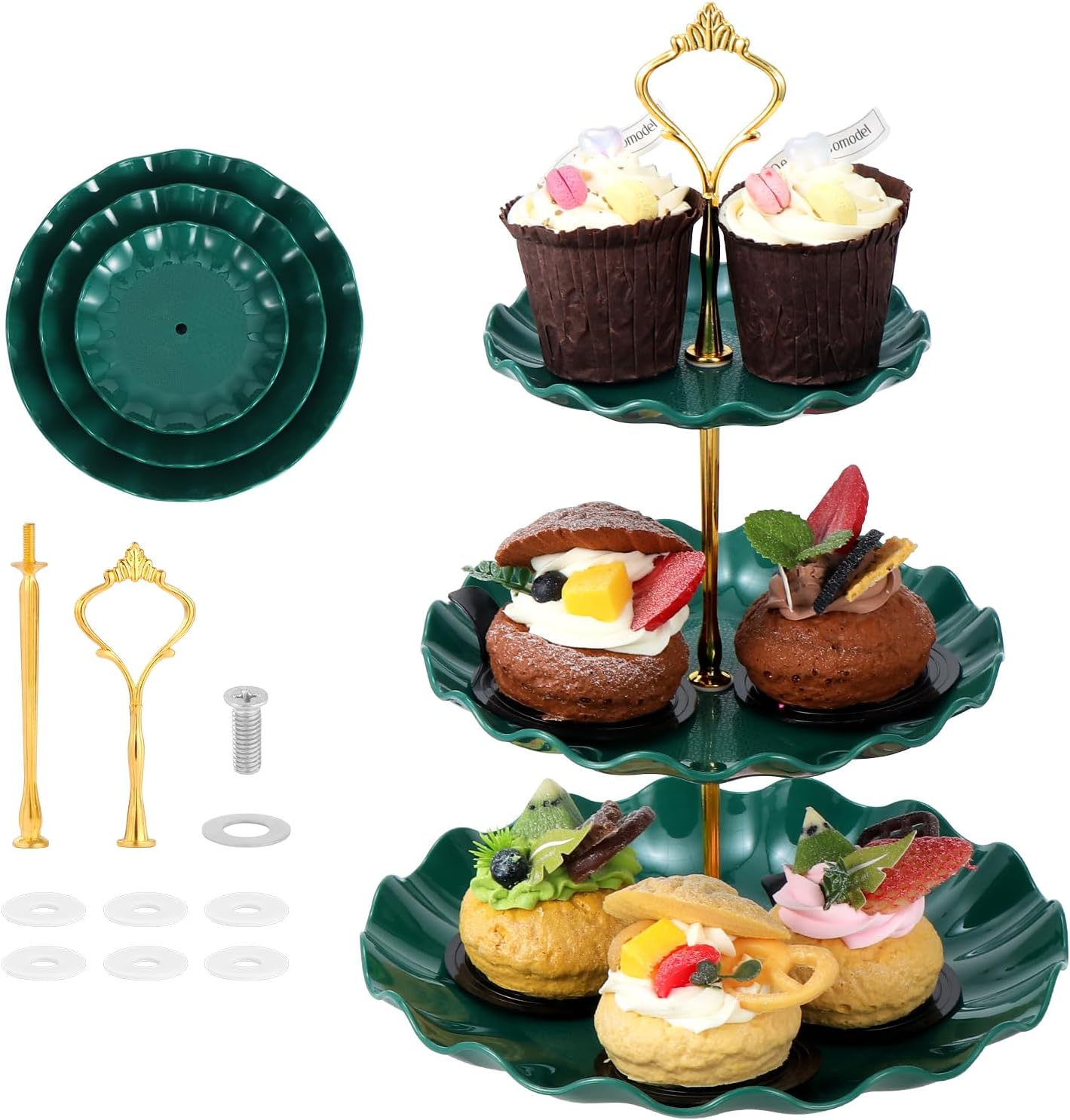2 Pcs 3 Tiers Cake Display Stand, Reusable Cupcake Holders for Afternoon Tea, Plastic Cake Fruit Dessert Serving Platter Stand, Cake Display Tower for Birthday, Wedding, Party-Dark Green