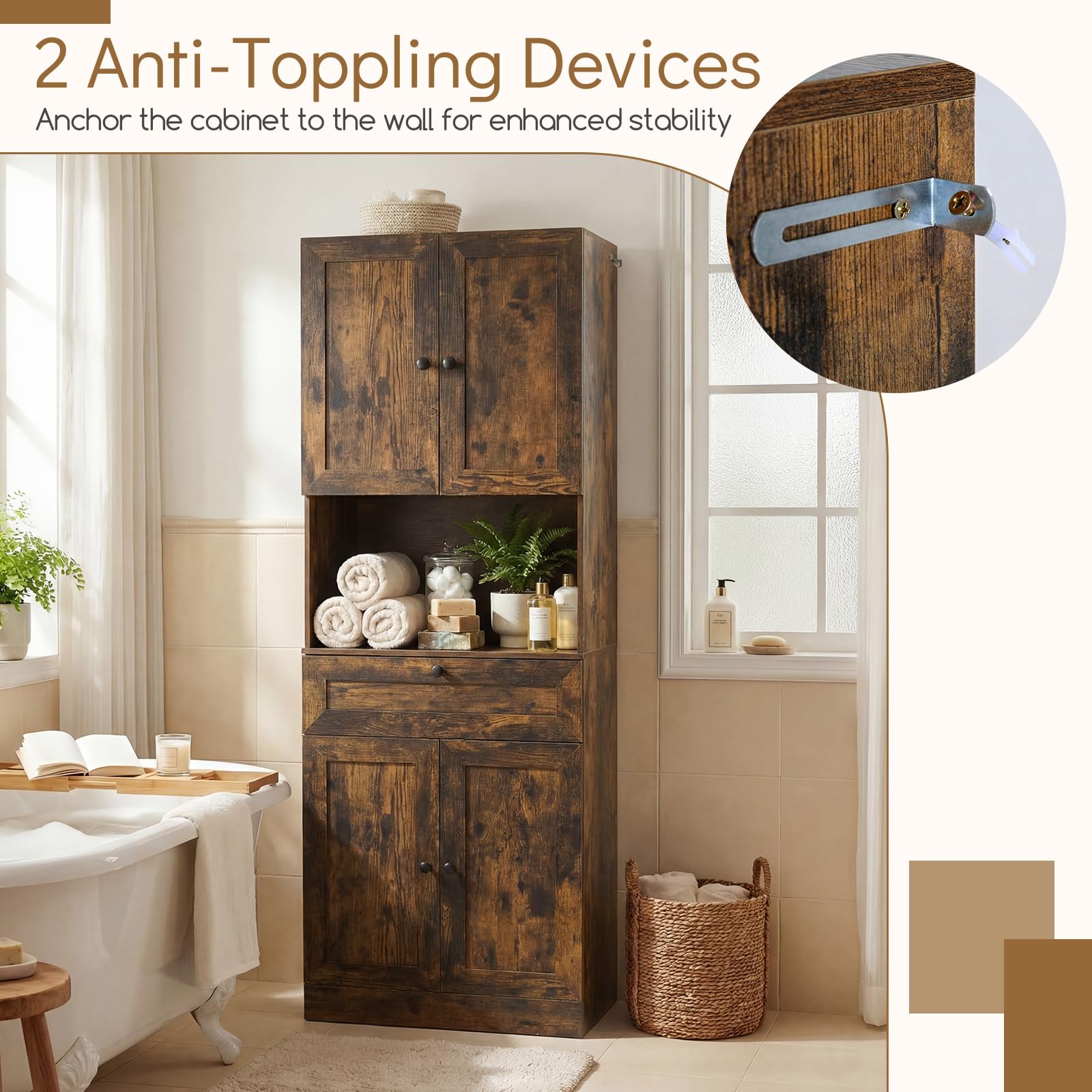 GIANTEX Armario Alto de Baño, 60x35x171,5cm, Mueble de Almacenamiento con 4 Puertas, 1 Cajón y Compartimento Abierto, Estante Ajustable, Kits Antivuelco, Organizador para Salón, Cocina (Marrón)