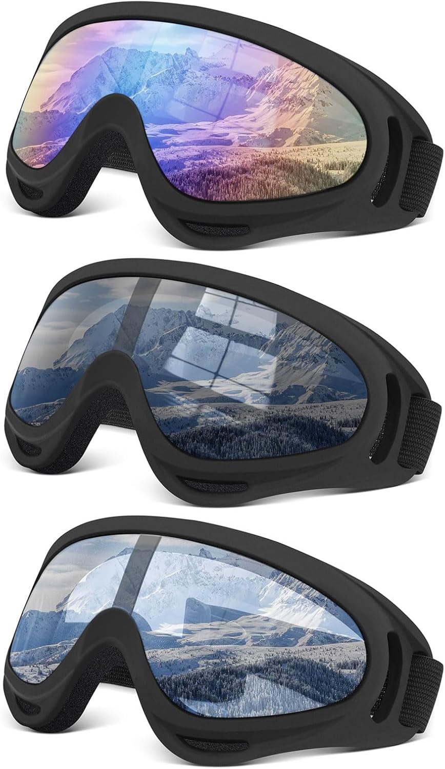3 Pack Ski Goggles ATV Dustproof Dirt Bike Goggles UV Protection Foam Anti for Ski Racing Riding, Off Road Waterproof Motocross