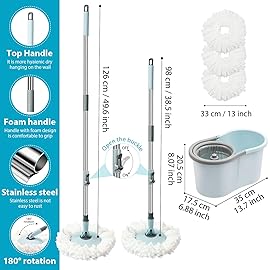 Spin Mop and Bucket with Wringer Set, 360 Spinning Mop Bucket System with 3 Microfiber Mop Replacement Heads and 50 Stainless Steel Adjustable Handle for Floor Cleaning