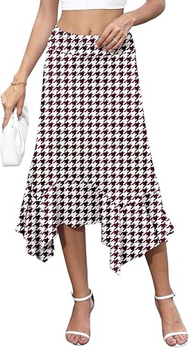 YSYOKOW Midi Skirts for Women Summer High Waisted Flowy A-Line with Asymmetrical Ruffle Hem Stretchy Casual Boho Skirt