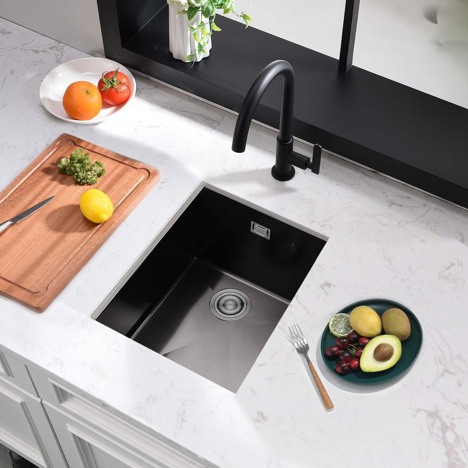 Black Kitchen Sink, 35X40X20CM Small Sink Stainless Steel Single Bowl, BoomHoze Outdoor Campervan with Overflow, Drainer Fittings, Undermount, Top Mount, Drop in Flushmount Installation, Black