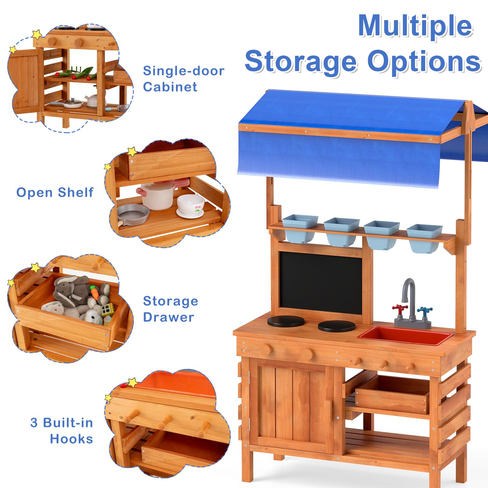 HOMASIS Matschküche Kinder Outdoor, Gartenspielküche Holz mit 7 Zubehör, Kinderküche mit abnehmbarem Waschbecken Herd Tafel 4 Blumentöpfen, Outdoorküche Gartenküche für Kinder ab 3 Jahren, Natur