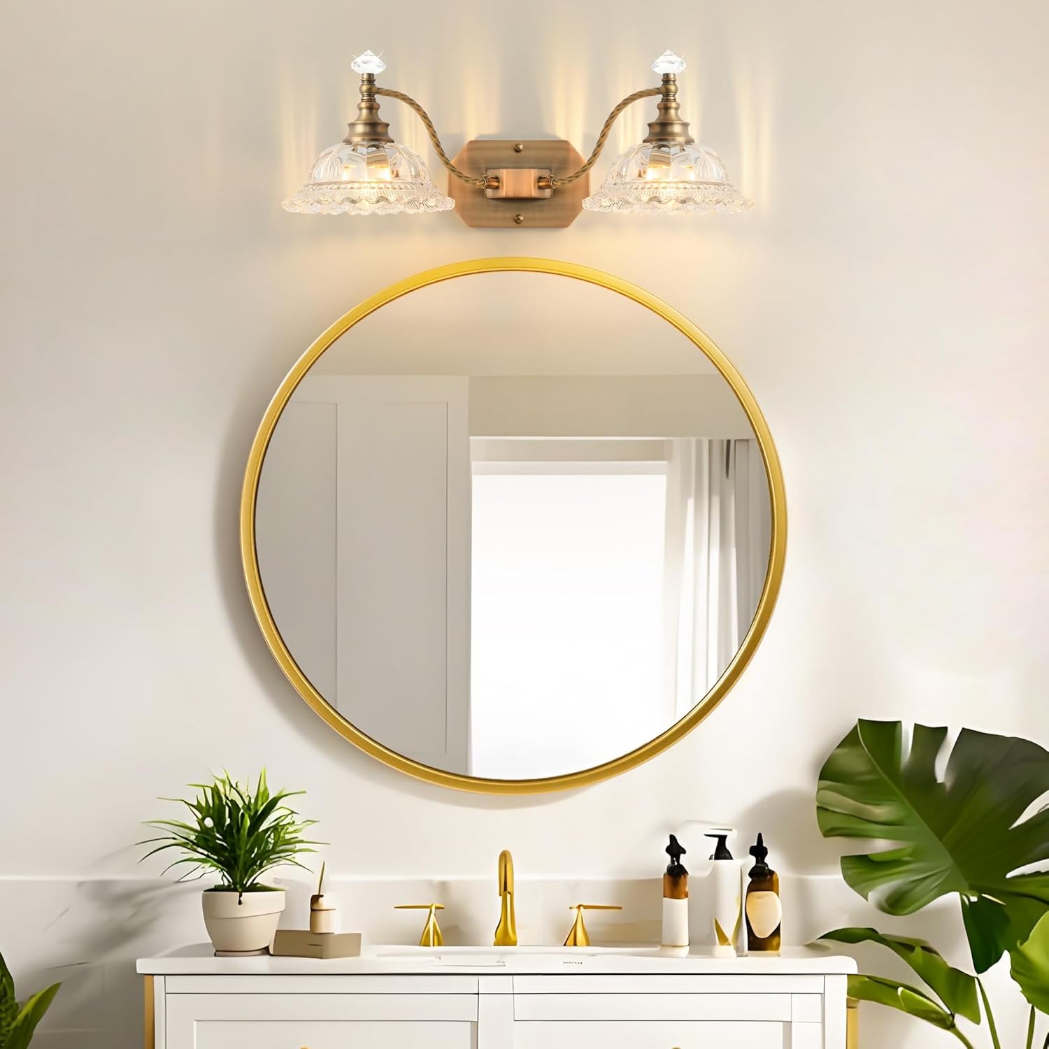 Vintage Bathroom Vanity Light Fixtures, 2-Light Brass Light Fixtures Over Mirror with Green Crystal Glass Flower Shade, Mid Century Farmhouse Wall Mount Lighting for Living Room, Kitchen