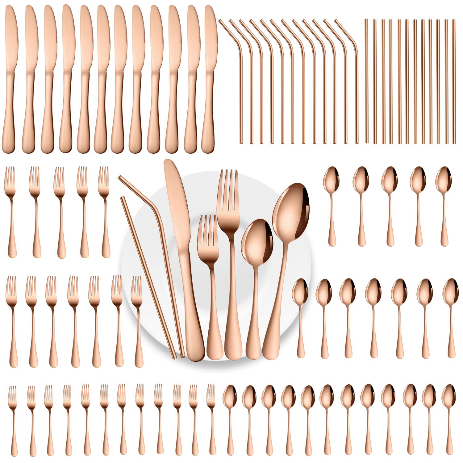 Gutuwellea 84 Pieces Mirror Rose Gold Silverware Service for 12 Flatware Set Stainless Steel Utensils Cutlery Set Dishwasher Safe