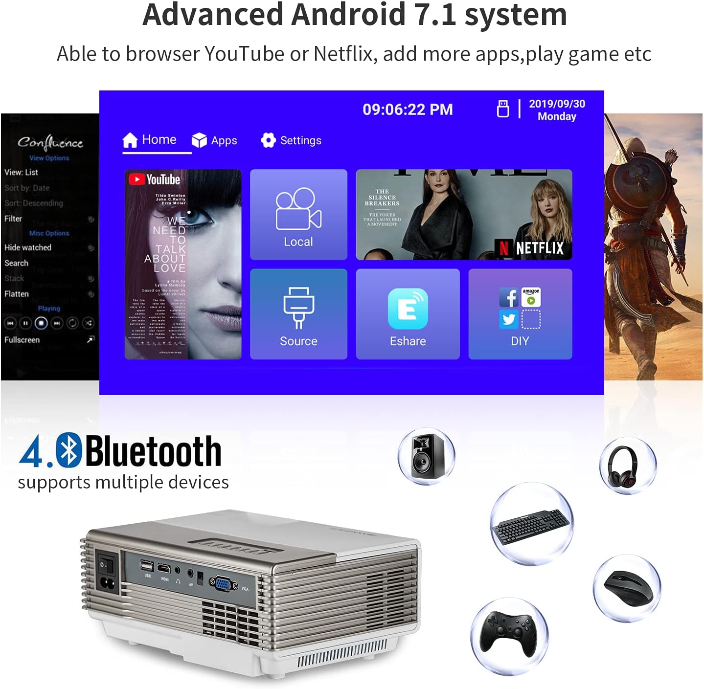 Tор Rаtеd Portable Projector 1080P Support Mini WiFi Projector with Bluetooth Wireless Smart Projector Android 7.1 OS LCD Projector for Home Theater Outdoor Movie Gaming Playing