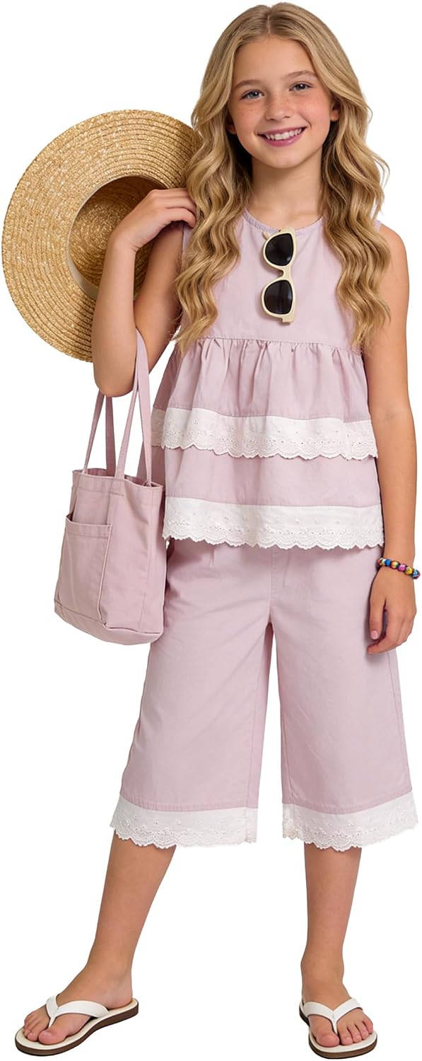 Girls Summer Outfit Set Sleeveless Ruffle Top Shorts Lace Casual 2PCS Clothes for Toddler
