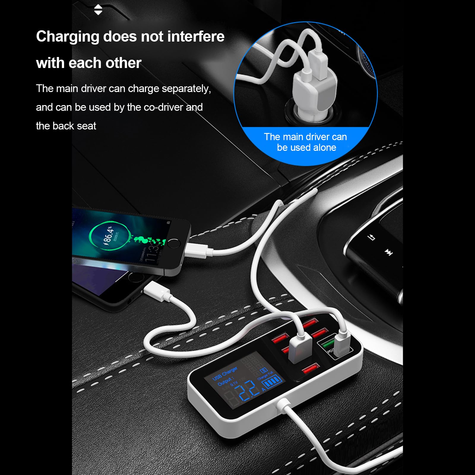 Docooler Caricatore Auto A9S Con Display LCD, 8 Porte USB, Hub Da 40W, Ingresso 12-24V, Per Tablet E Smartphone, Nero