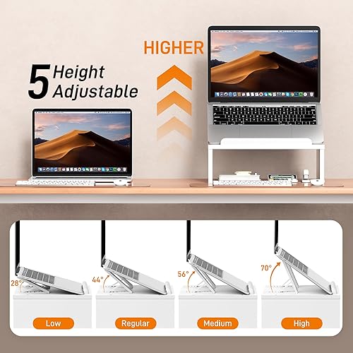 Miniatura 2 de Soporte ajustable de madera para portátil con espacio de almacenamiento, organizador de cuaderno y elevador ergonómico para computadora,